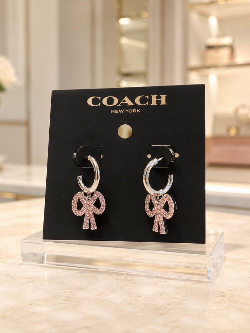 Coach Silver Pave Crystal Bow Charm Hoop Earrings NWT - Picture 2 of 3